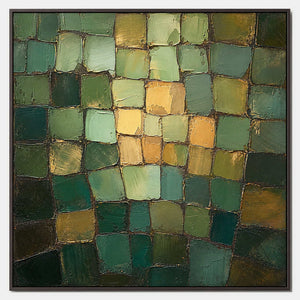 Hand-painted green abstract canvas with sage blocks and muted gold light.