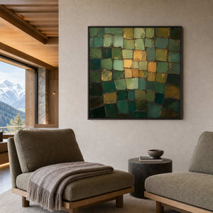 Textured green abstract wall art in a calm alpine wellness lounge.
