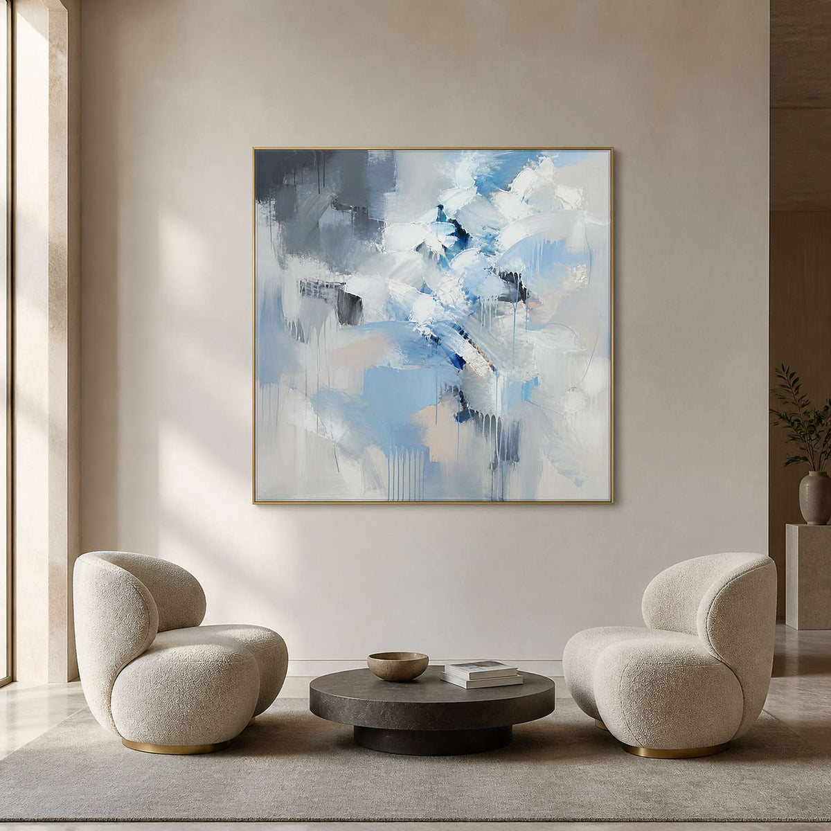 Textured winter-blue abstract canvas in a quiet contemporary gallery lounge.