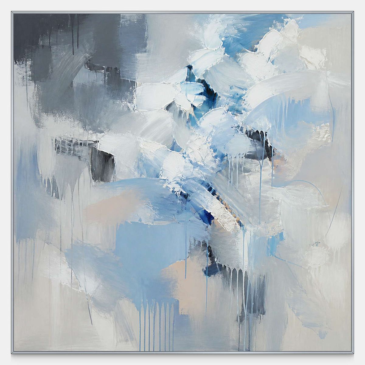 Hand-painted square abstract canvas with icy blue, white, gray, and cobalt layers.