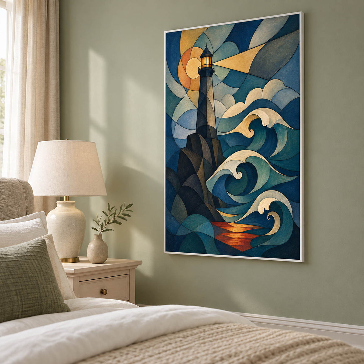 Geometric lighthouse above curling teal waves with an amber sky and a golden beam, displayed in a bedroom in a white frame.