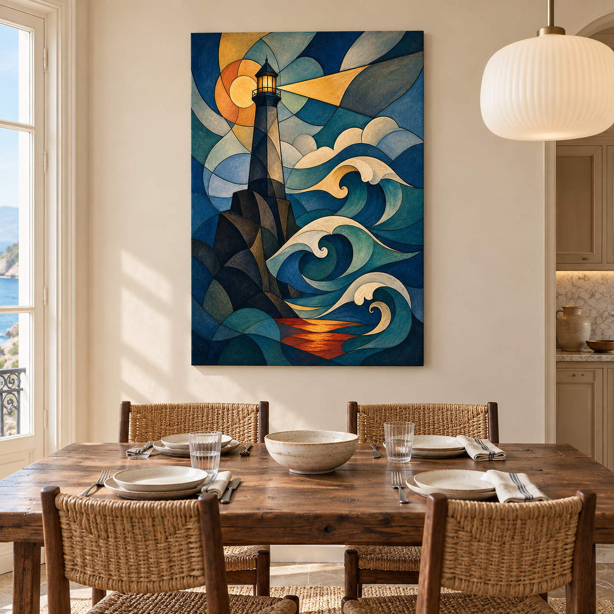 Geometric lighthouse above curling teal waves with an amber sky and a golden beam, displayed in a dining room without an outer frame.