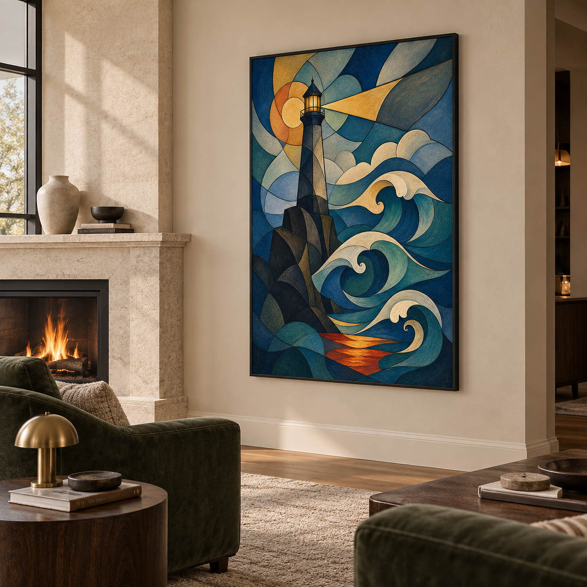 Geometric lighthouse above curling teal waves with an amber sky and a golden beam, displayed beside or above a fireplace in a black frame.