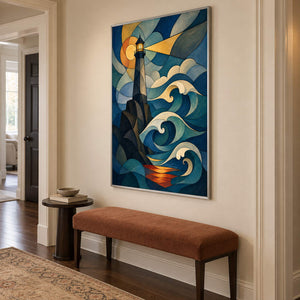 Geometric lighthouse above curling teal waves with an amber sky and a golden beam, displayed in a hallway in a silver frame.