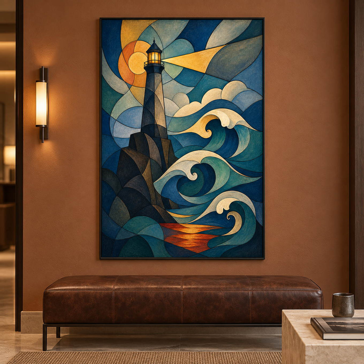 Geometric lighthouse above curling teal waves with an amber sky and a golden beam, displayed in a hotel lounge in a black frame.