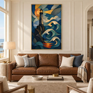 Geometric lighthouse above curling teal waves with an amber sky and a golden beam, displayed in a living room in a gold frame.