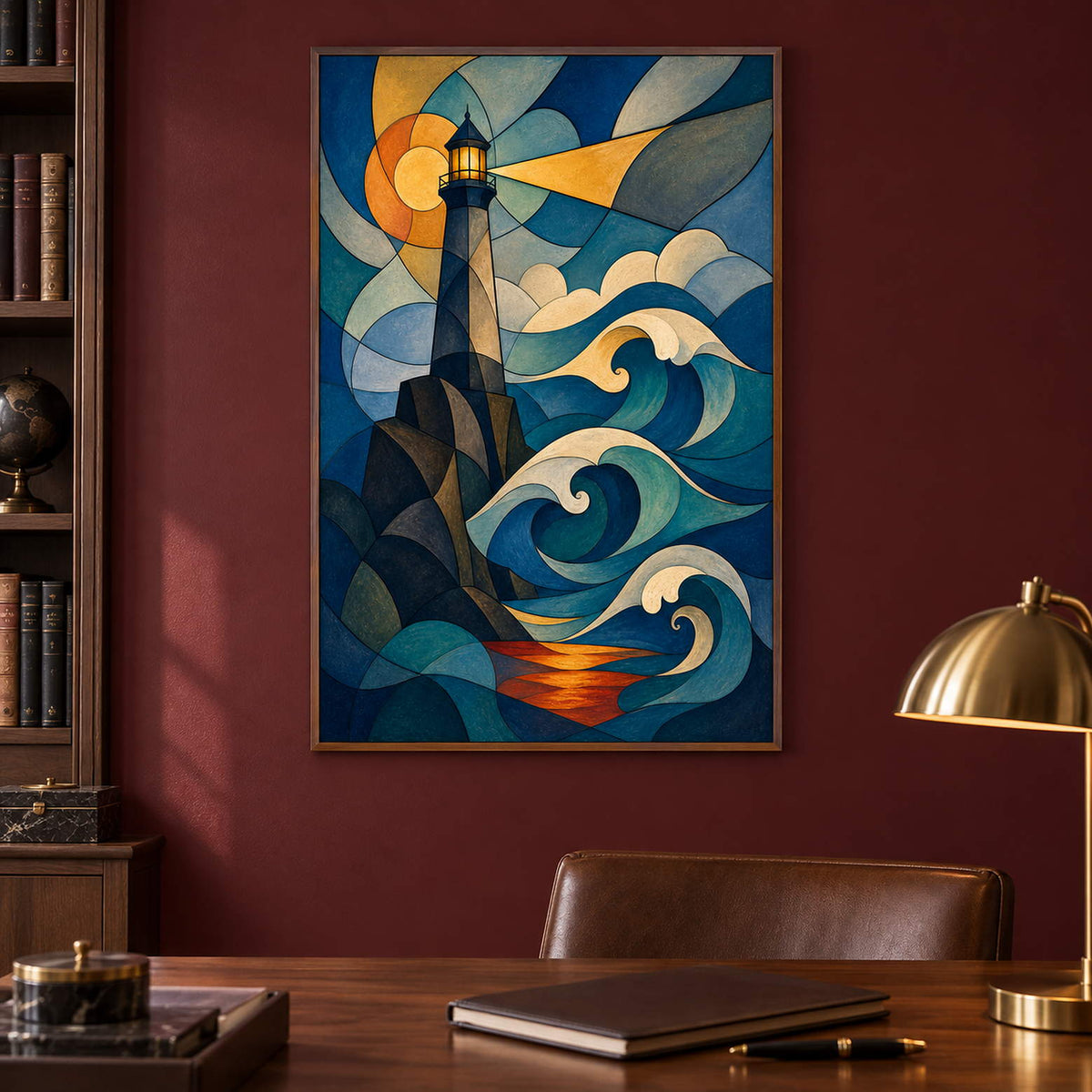 Geometric lighthouse above curling teal waves with an amber sky and a golden beam, displayed in a study in a brown wood frame.