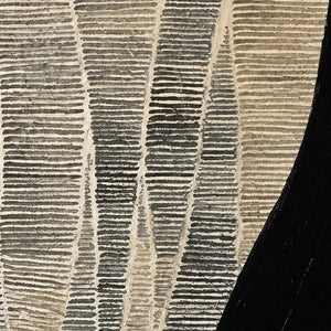 Close view of delicate cream cross-lines across narrow winding bands beside a black field.