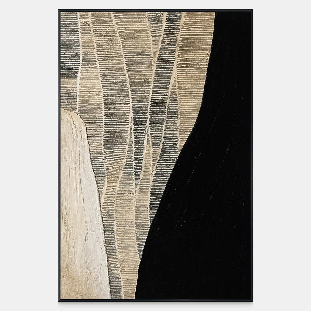 Vertical abstract artwork with fine cream cross-lines between a pale curve and black field.
