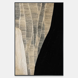 Vertical abstract artwork with fine cream cross-lines between a pale curve and black field.