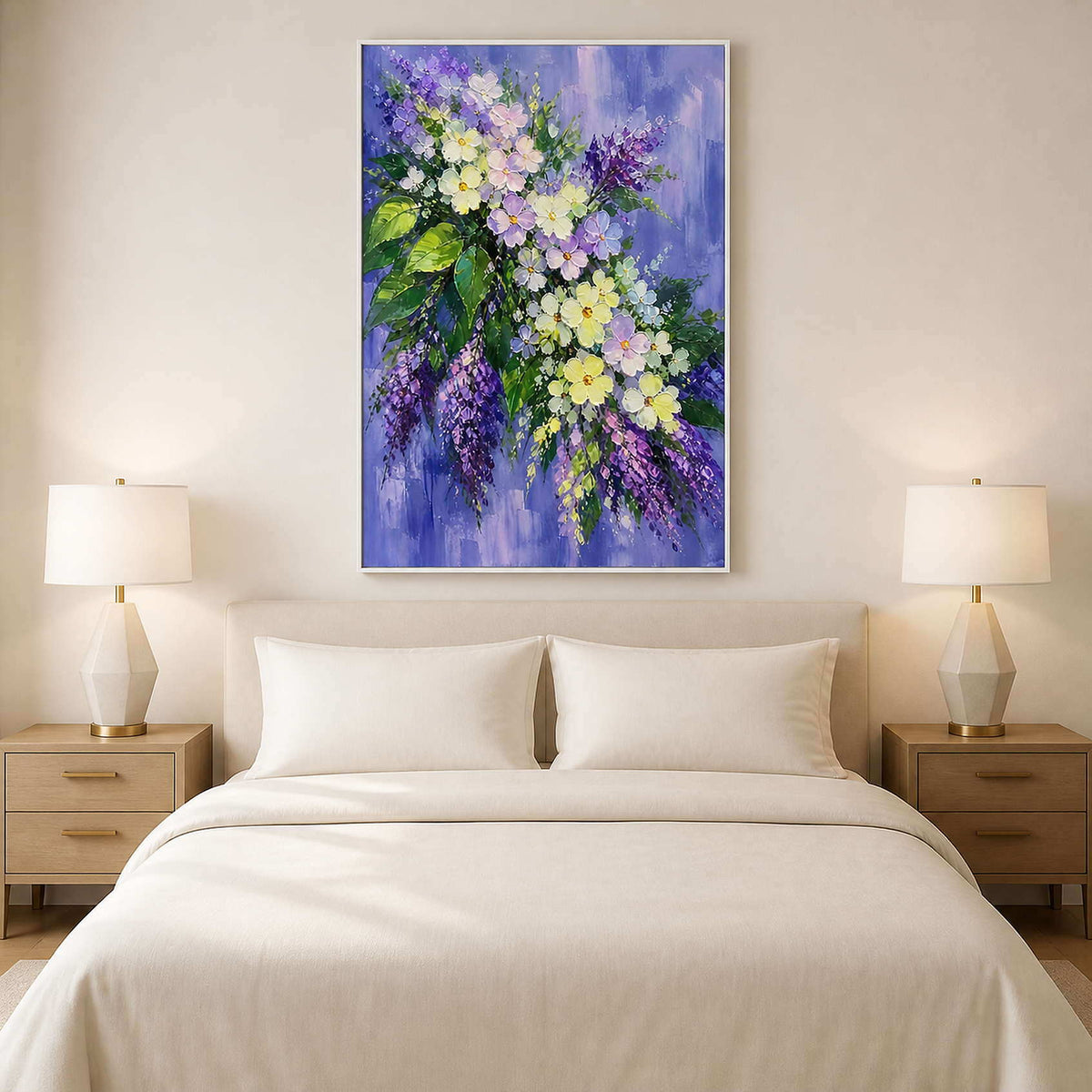 Romantic lavender floral canvas displayed above a light modern bed.