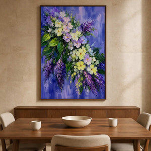 Colorful lilac and cream floral artwork above a walnut dining table.