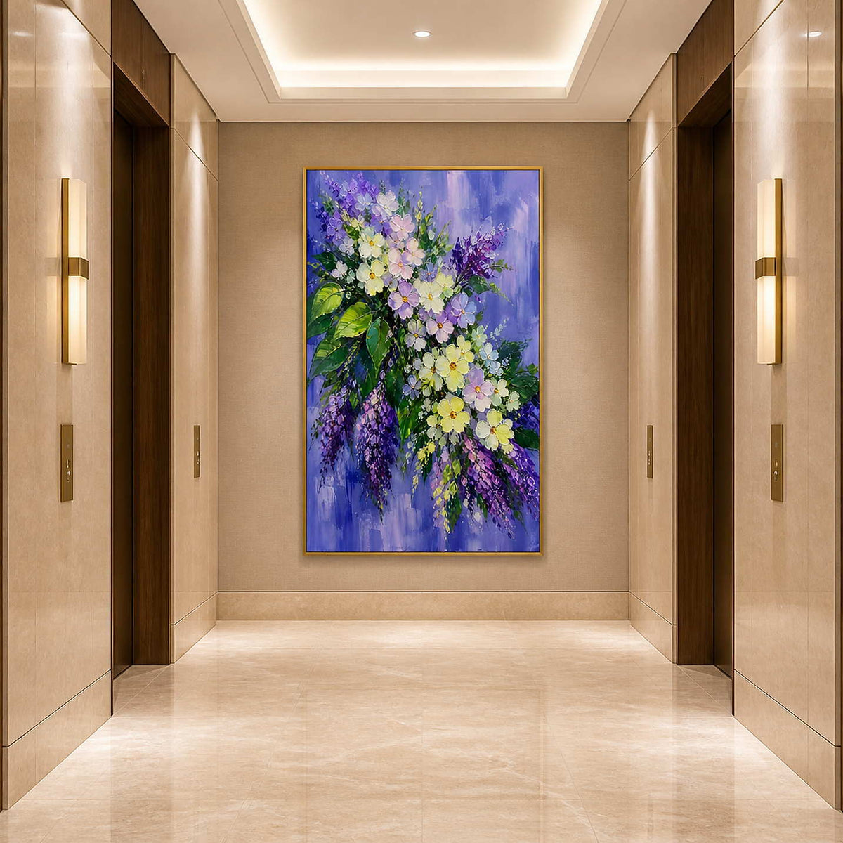 Vertical lilac flower painting in an elegant hotel hallway.
