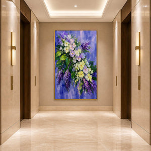 Vertical lilac flower painting in an elegant hotel hallway.