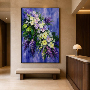 Large cascading lilac artwork in a warm contemporary hotel lobby.