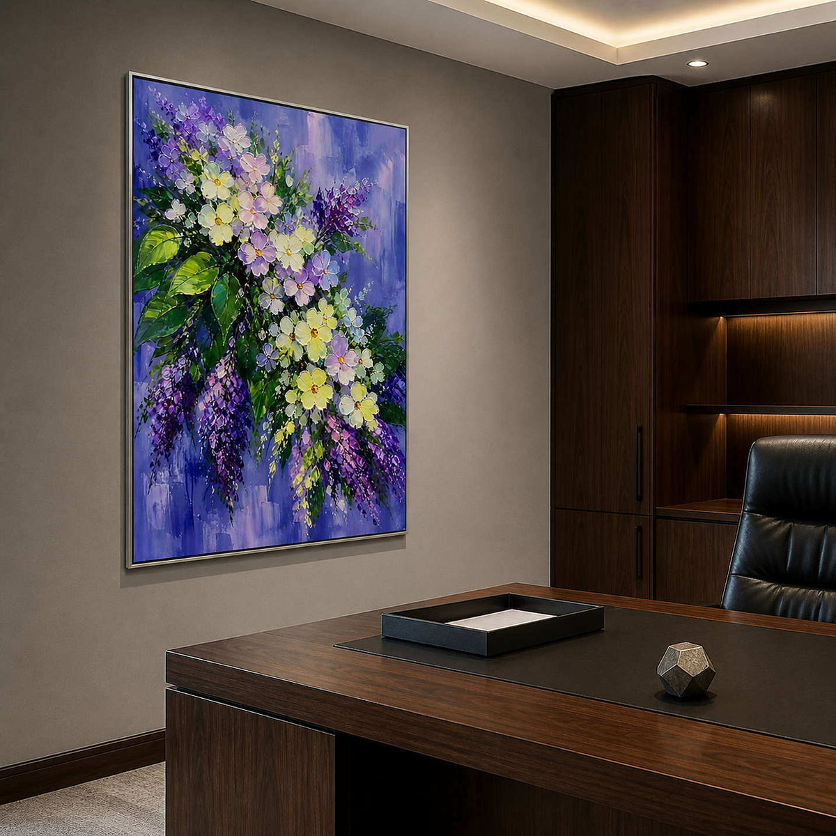 Lush purple botanical artwork in a refined private office.