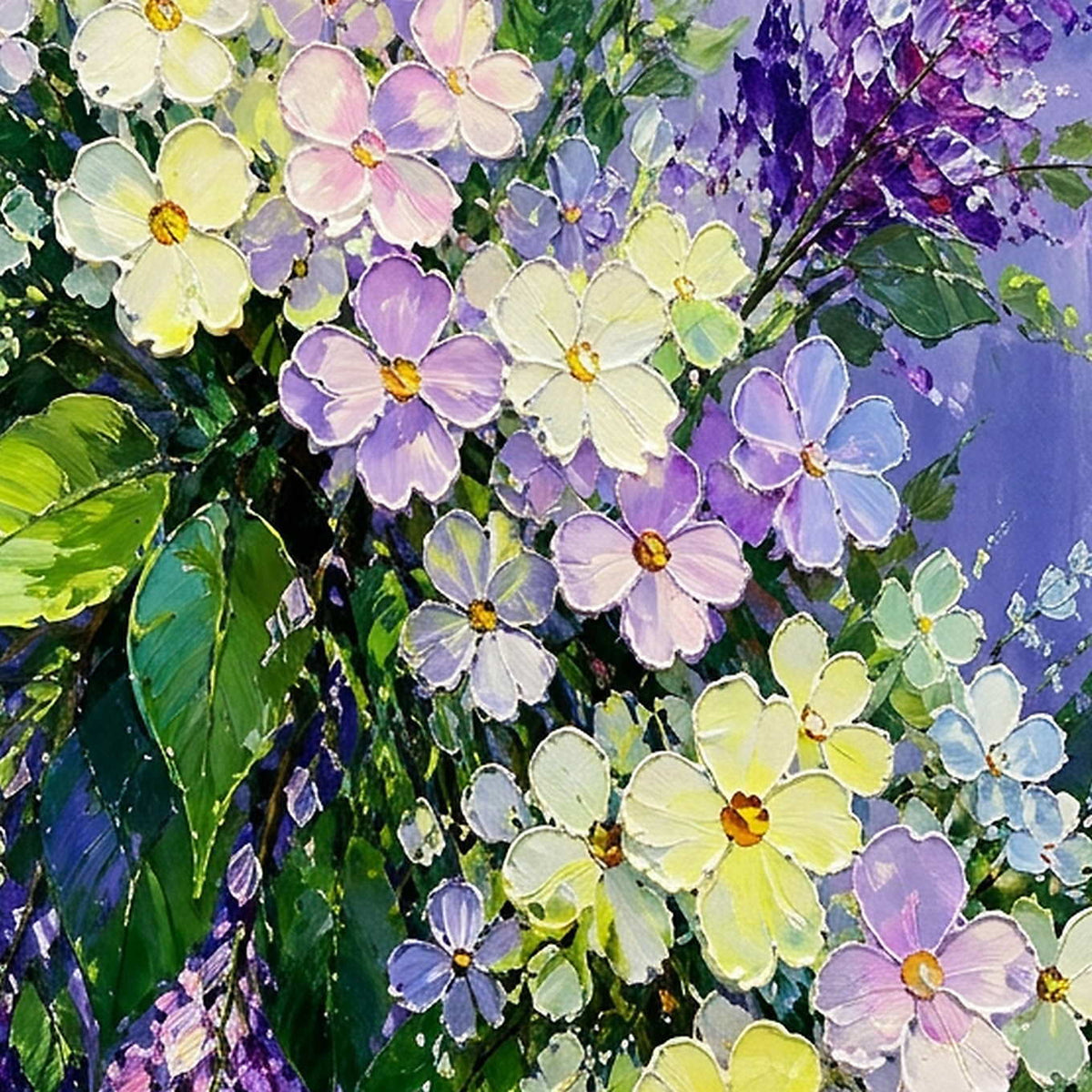 Close-up of thick lavender, cream, yellow, and green painted petals.