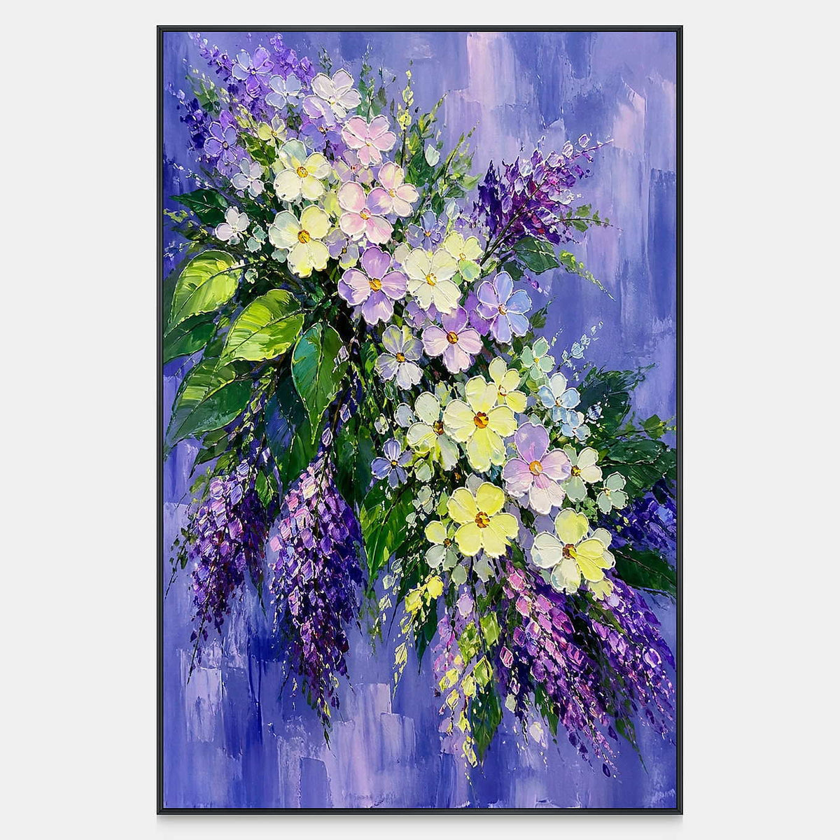 Hand-painted lilac bouquet with lavender, cream, yellow, and green petals.