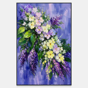 Hand-painted lilac bouquet with lavender, cream, yellow, and green petals.