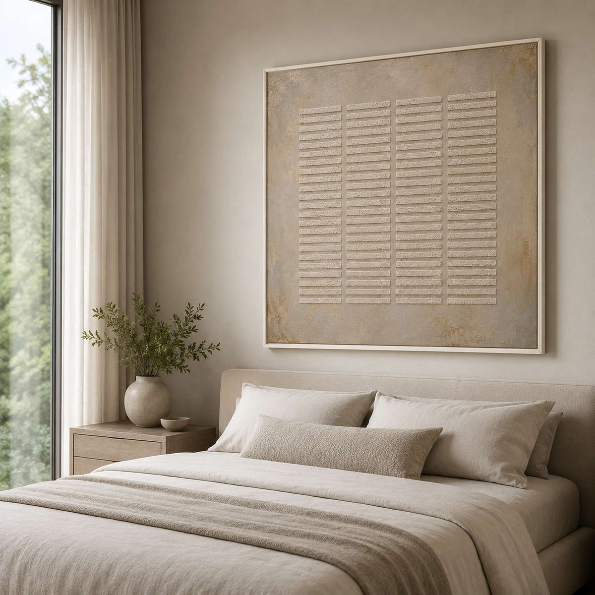 Calm neutral wall art for a modern bedroom.