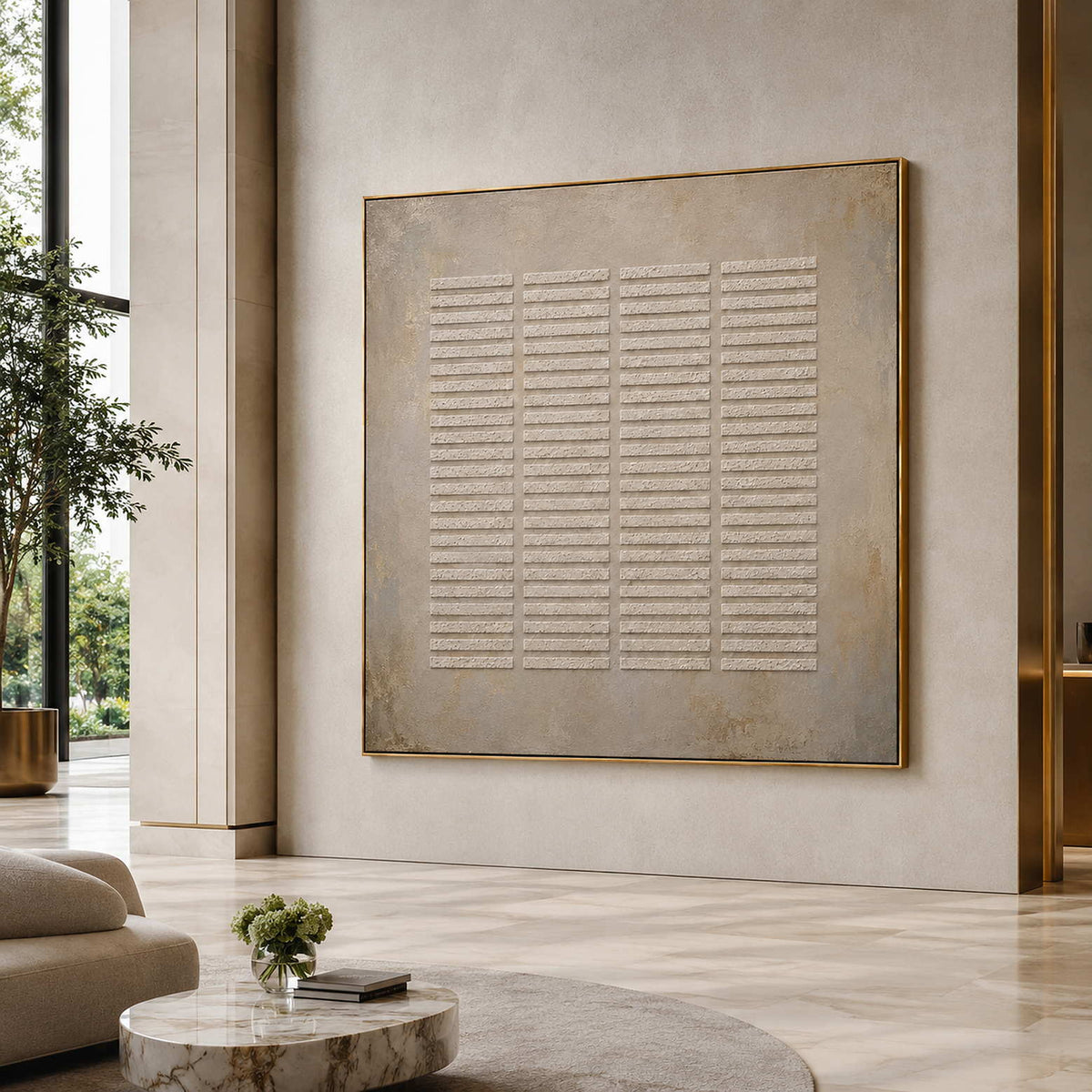 Neutral Wabi-Sabi wall art displayed in a hotel lobby.