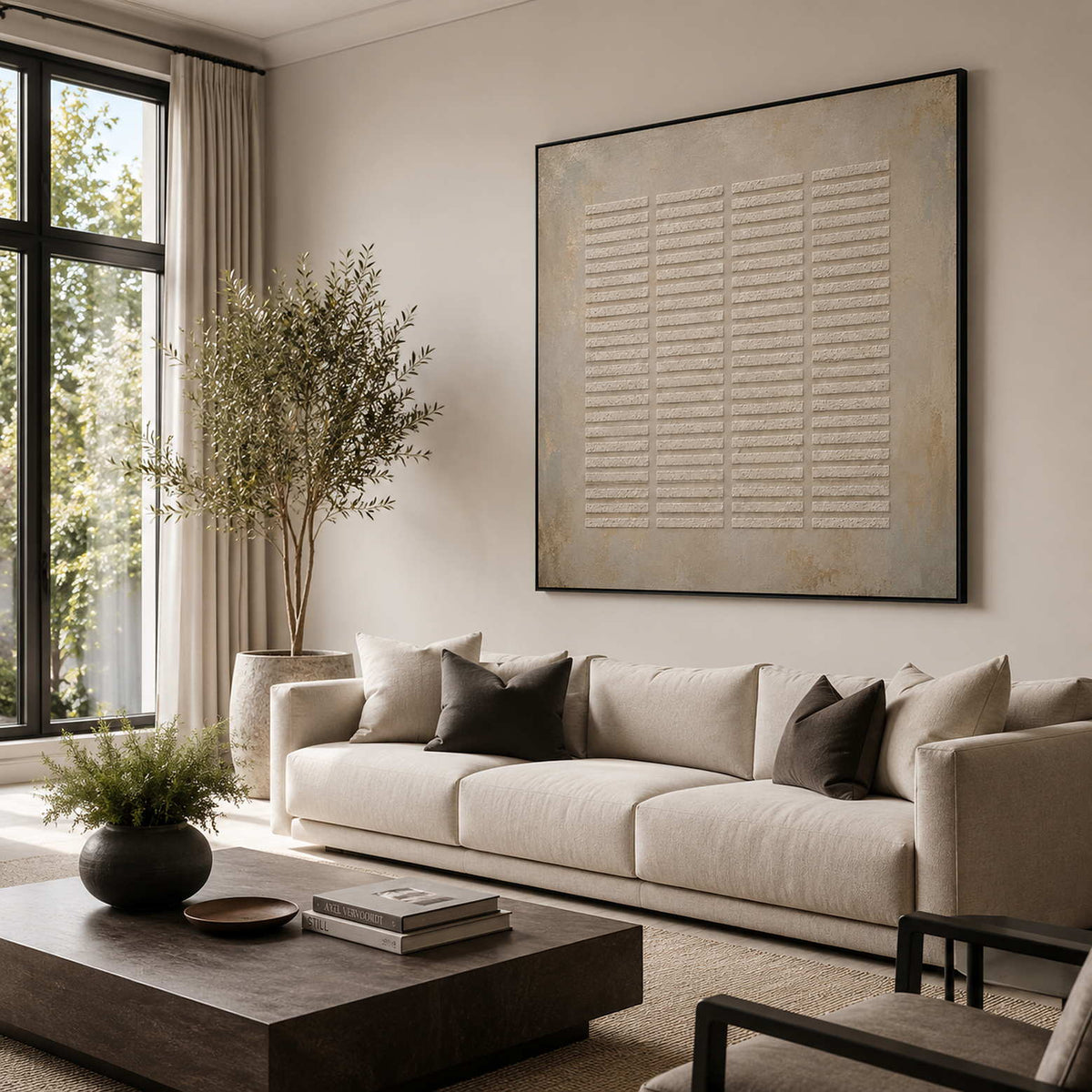 Neutral textured wall art styled in a living room.