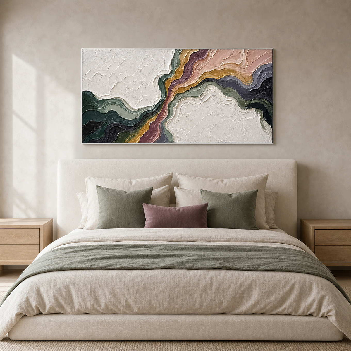 Textured Abstract Wall Art displayed in a refined bedroom.