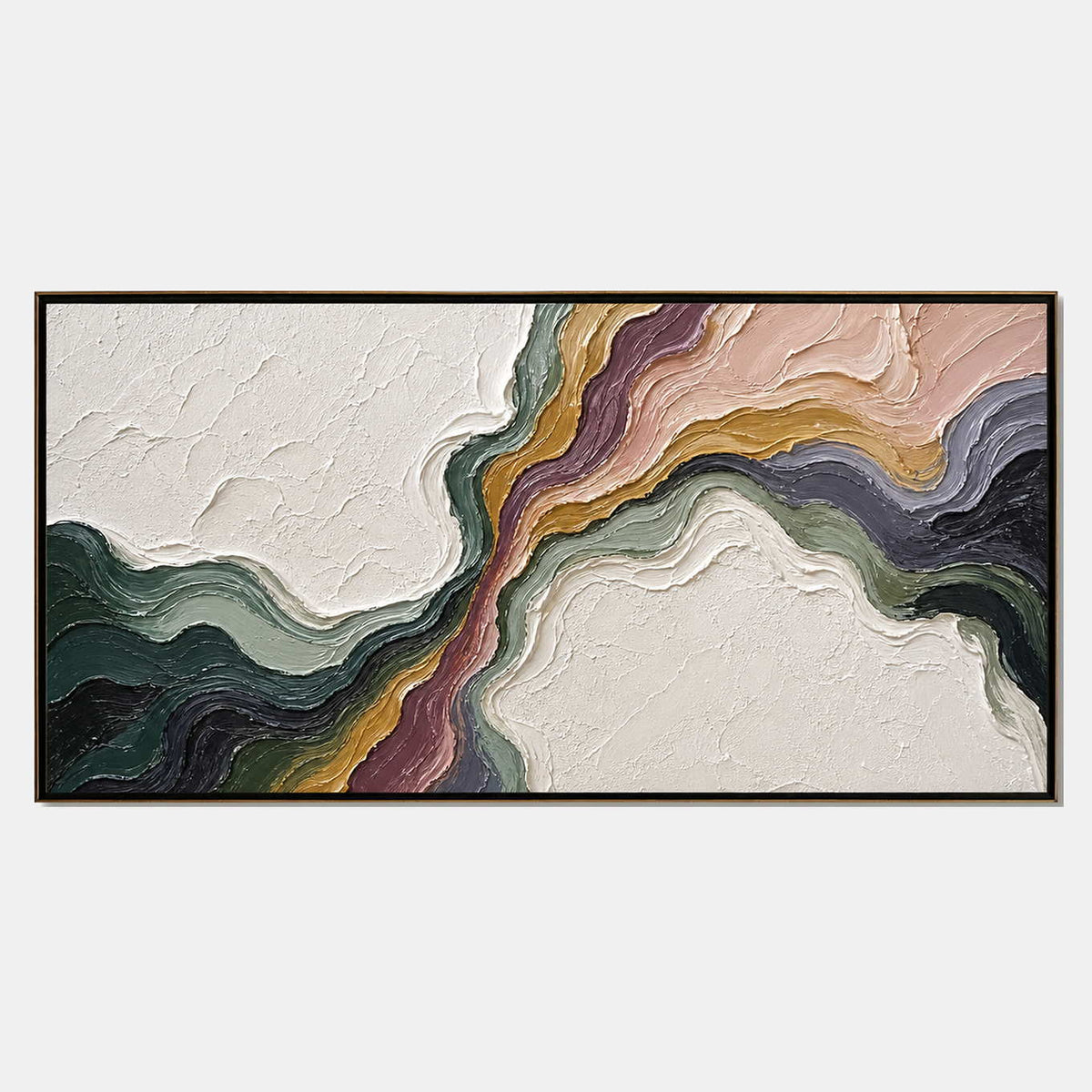 Hand-painted textured abstract wall art with green, pink & blush, and earth tones tones.