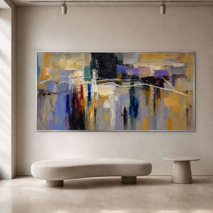 Textured abstract wall art displayed in a refined art institution VIP lounge.