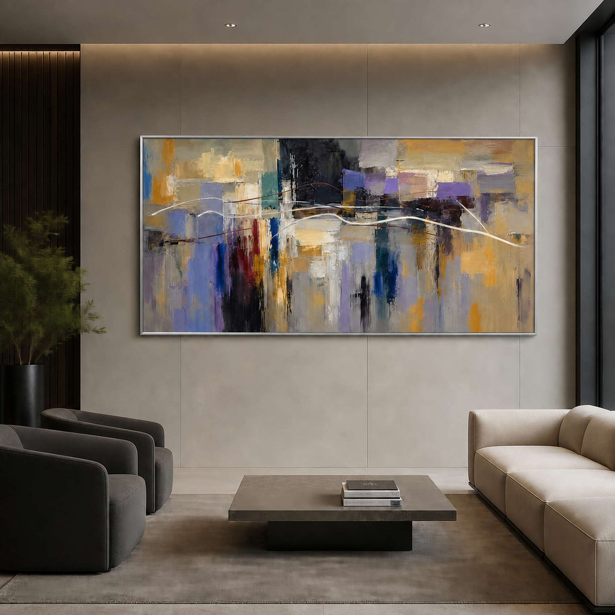 Textured abstract wall art displayed in a refined executive lounge.