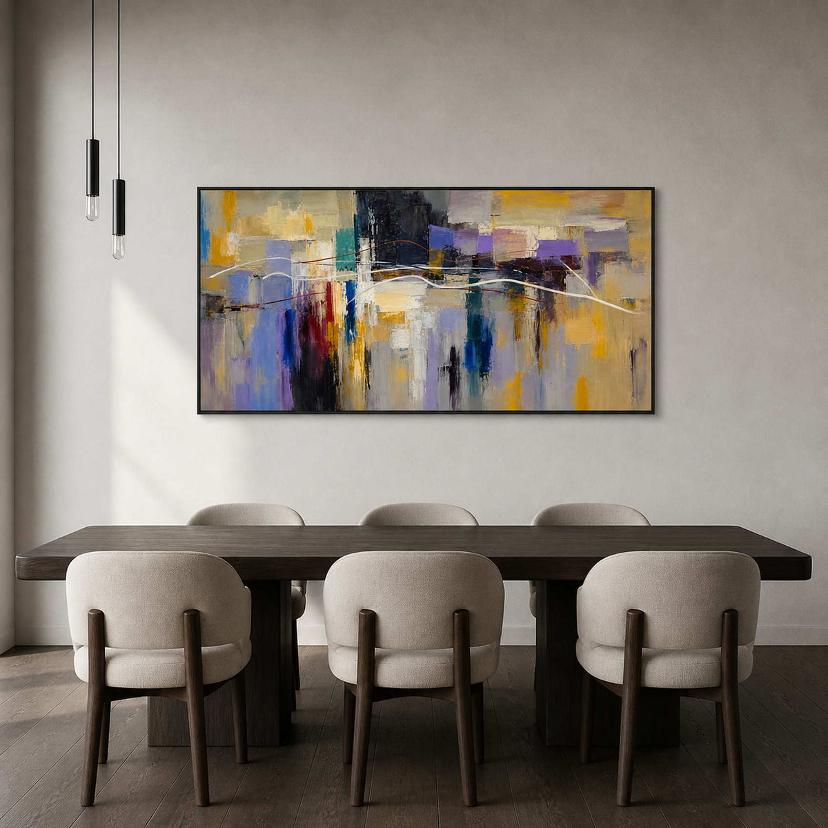 Textured abstract wall art displayed in a refined modern dining room.