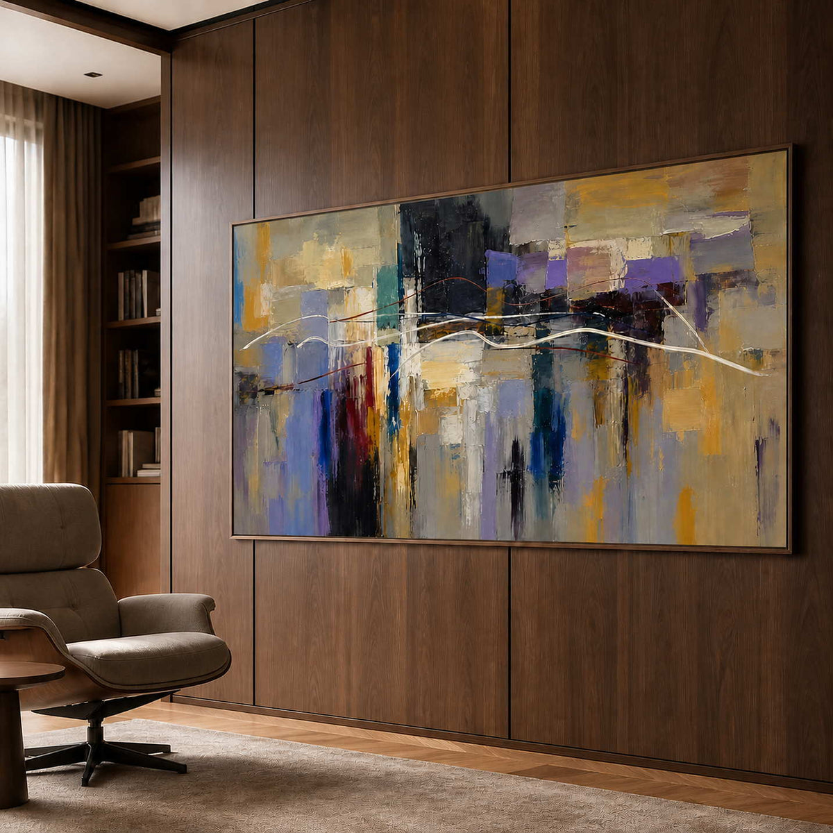 Textured abstract wall art displayed in a refined private library.