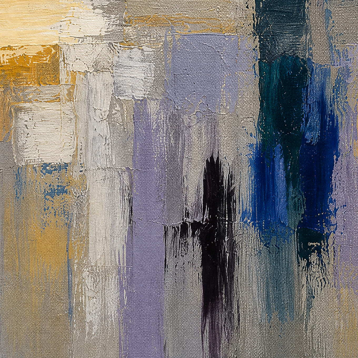 Close-up of raised hand-painted texture in golden ochre, smoky violet, slate blue, and charcoal.