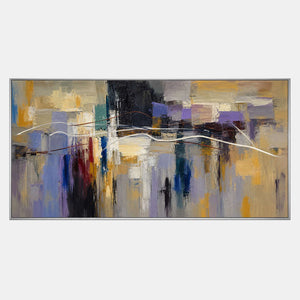 Hand-painted textured abstract wall art in golden ochre, smoky violet, slate blue, and charcoal.