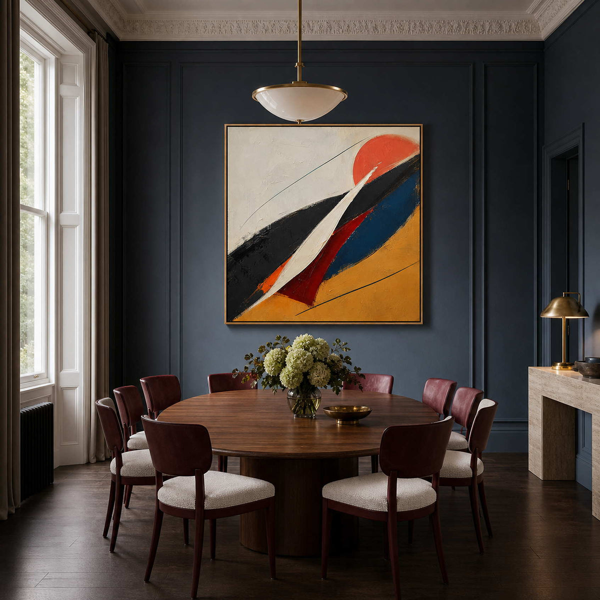 Modern Abstract Wall Art styled in an elegant modern dining room.