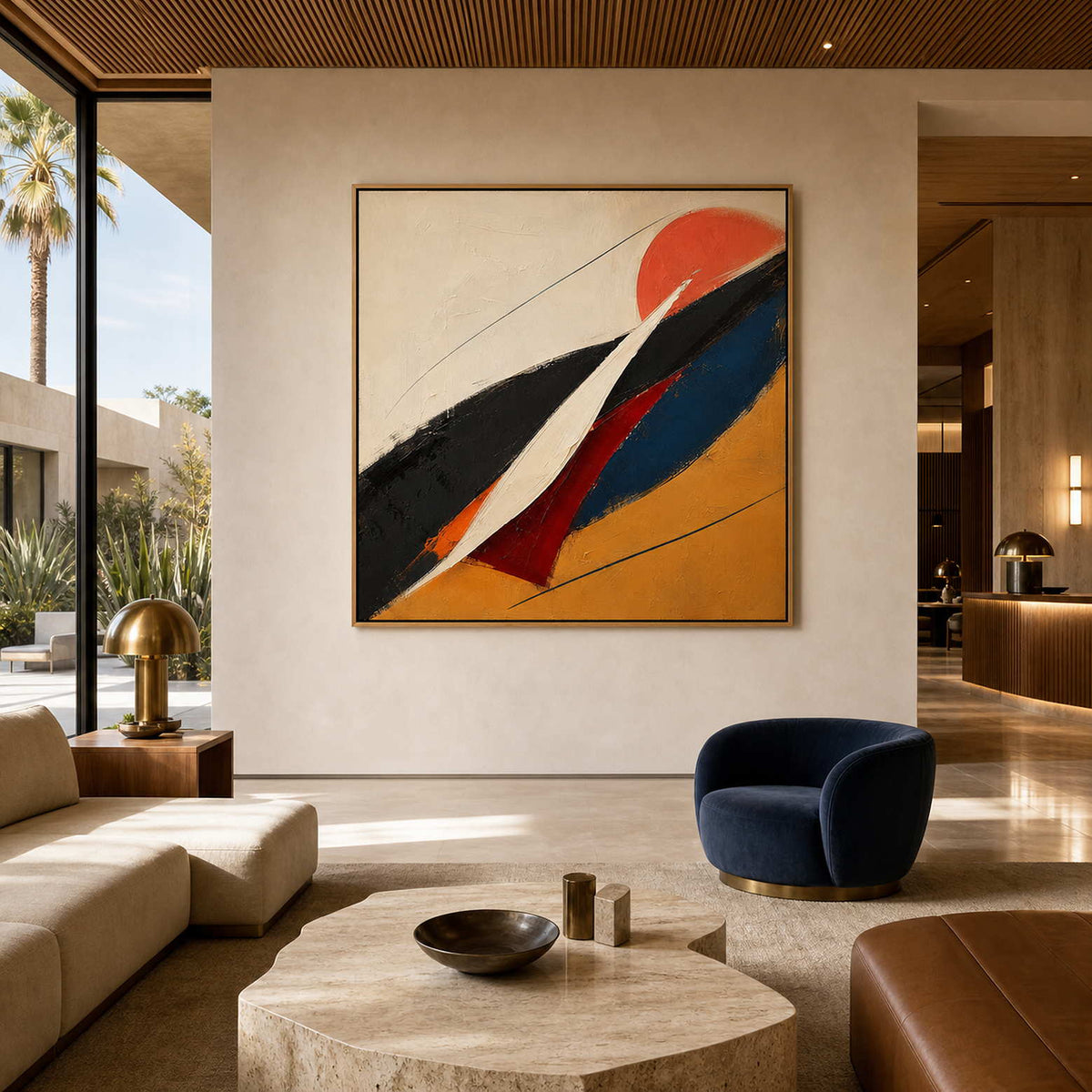 Modern Abstract Wall Art displayed in a refined neutral living room.