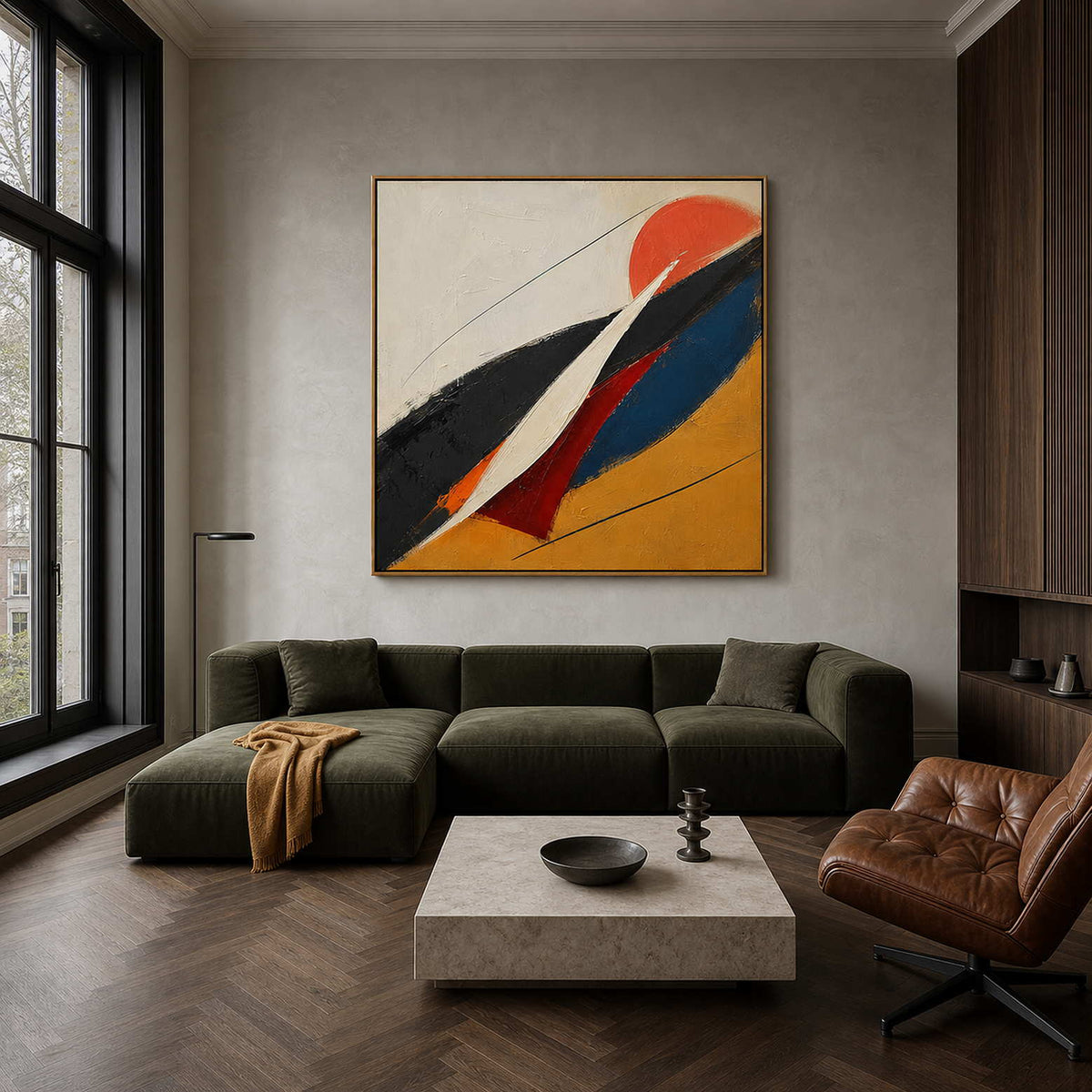 Modern Abstract Wall Art styled above a contemporary living room sofa.