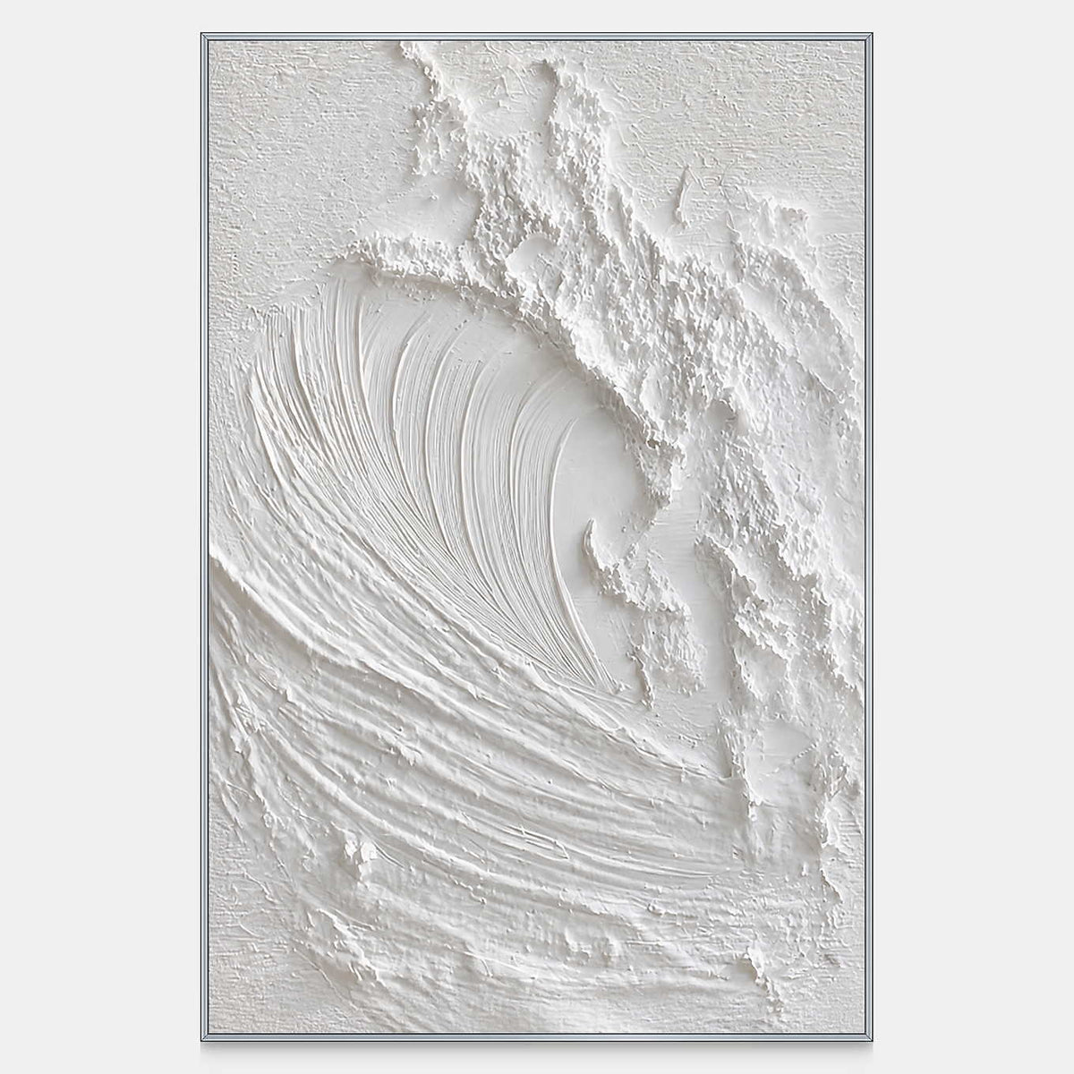 Front view of Listening to the Sea, a vertical white wave painting with a curling crest and fine sweeping raised ridges.