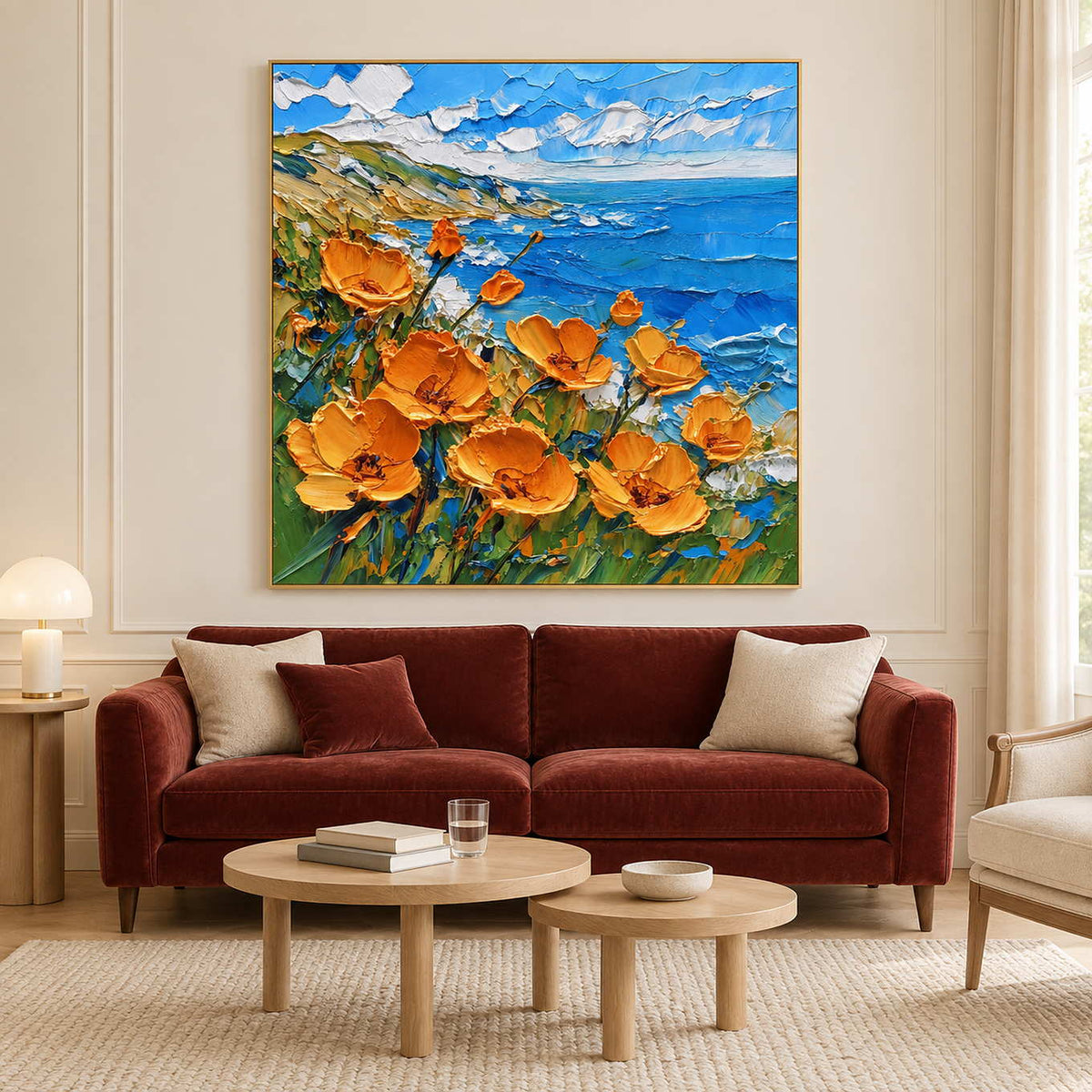 Orange coastal flowers painting above a burgundy sofa.