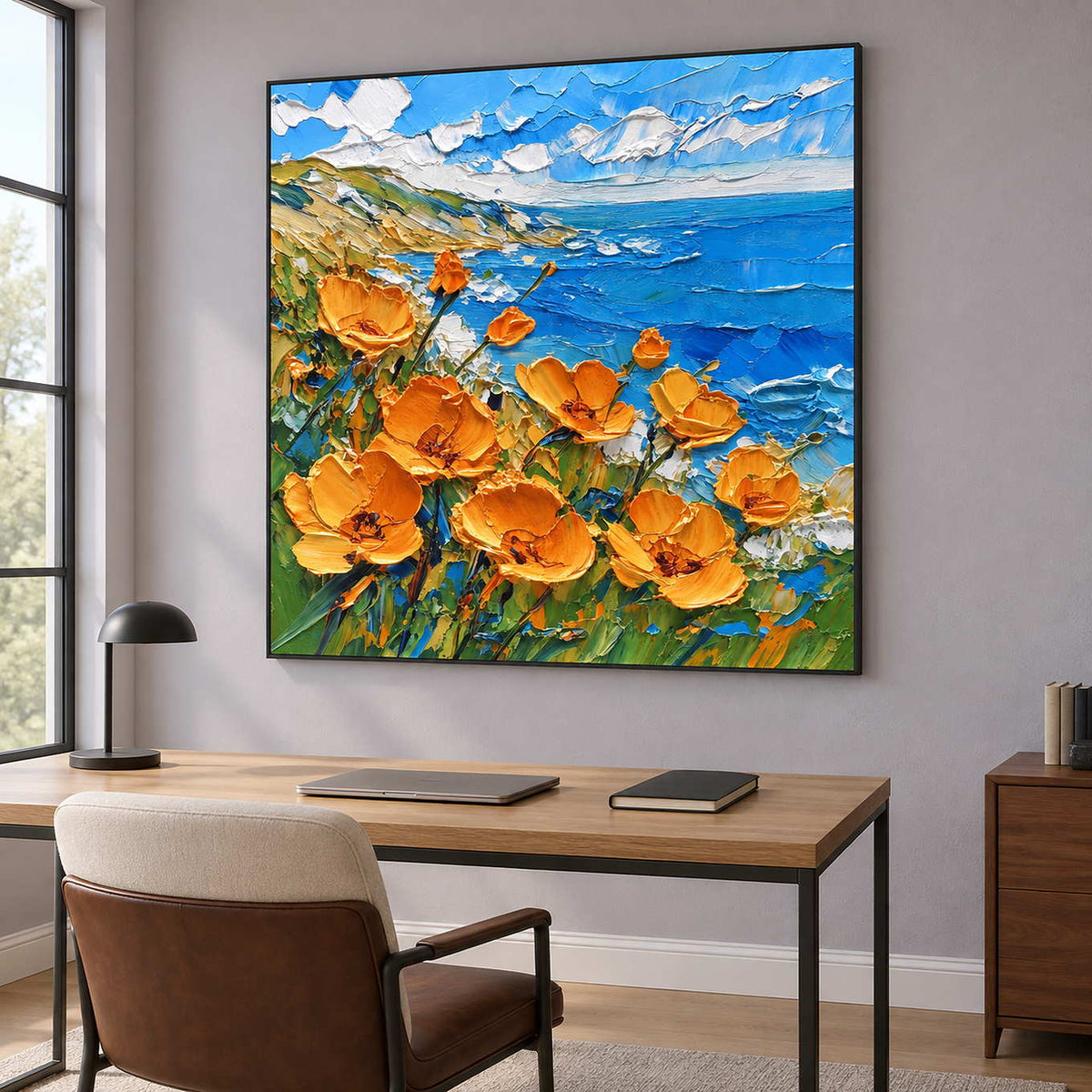Orange-flower seascape above a wood desk and two-tone chair.