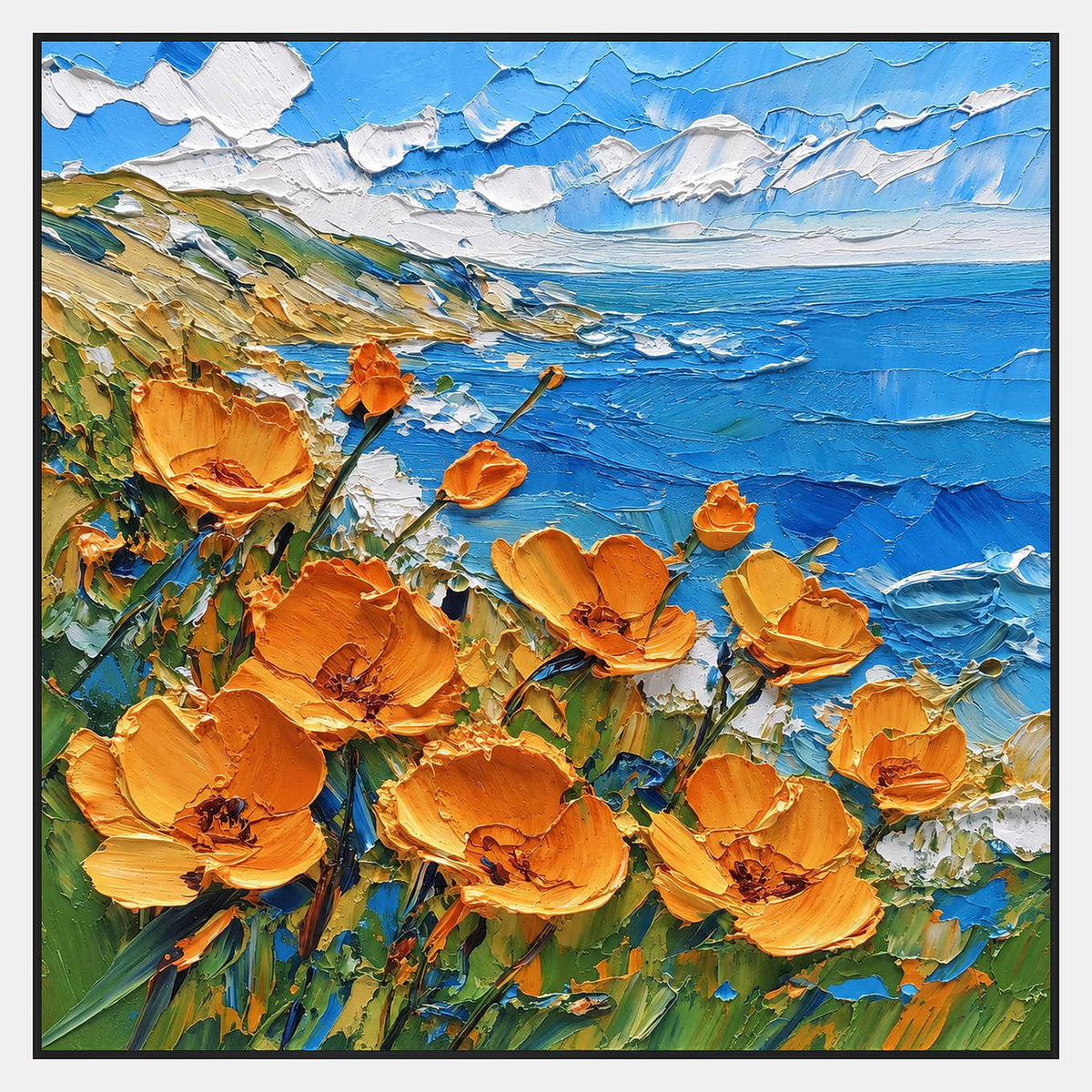 Large orange flowers on green stems in front of a blue sea, a receding coast at left, and white clouds.