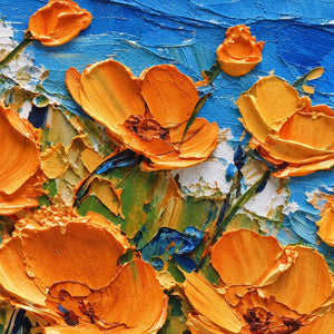 Close-up of cupped orange petals and green stems against layered blue water.