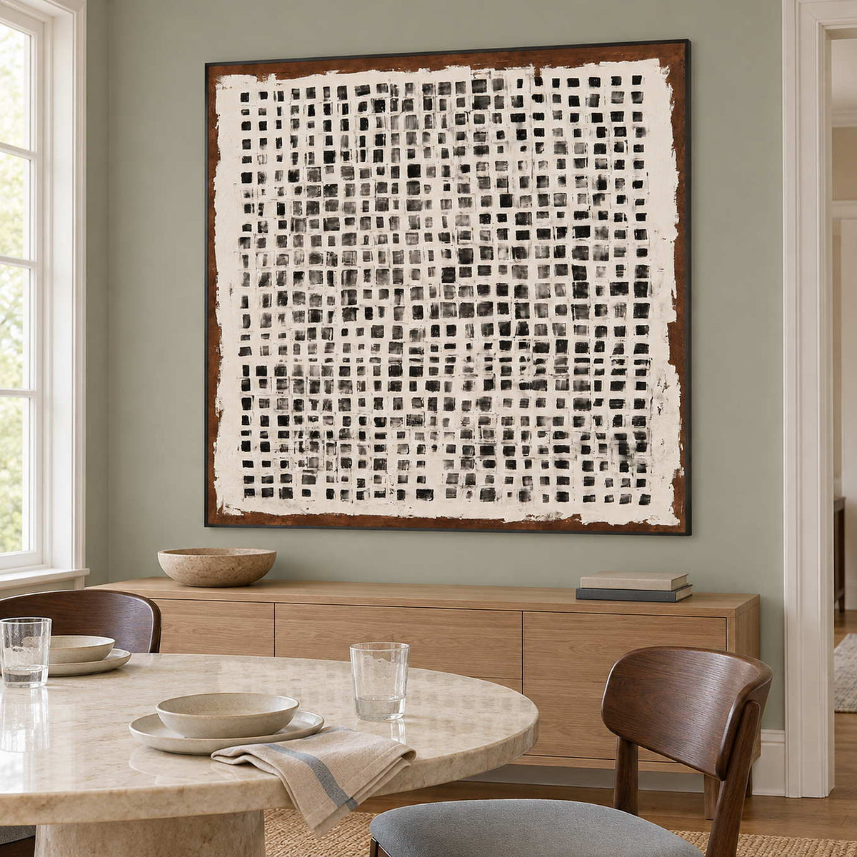 Cream-and-black grid painting on a green dining room wall.