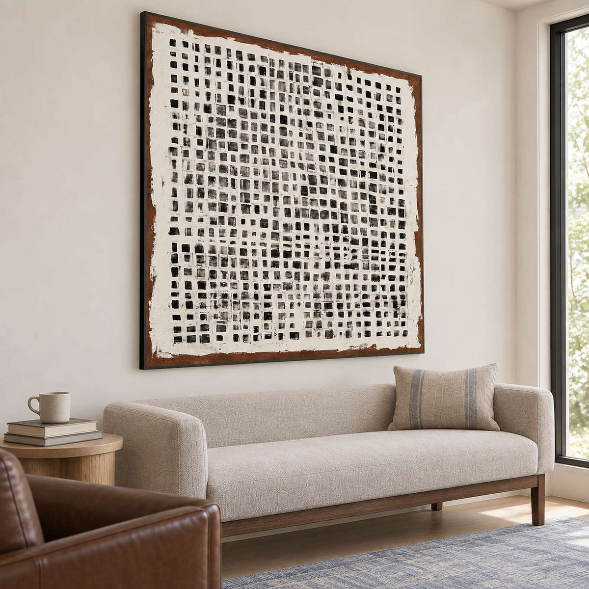 Angled geometric artwork above a pale settee beside a window.
