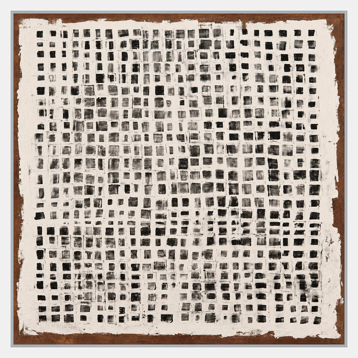 Square abstract with rows of black and gray marks inside an irregular cream grid over a brown ground.