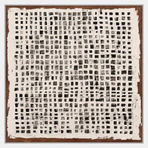 Square abstract with rows of black and gray marks inside an irregular cream grid over a brown ground.