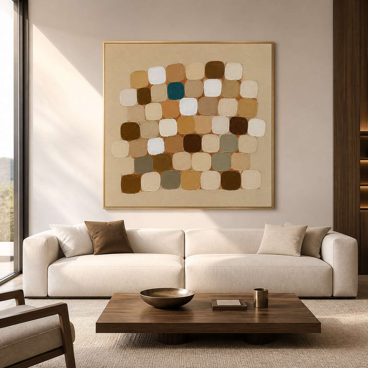 Gold framed warm abstract squares above a cream sofa in a sunlit living room.