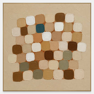 Rounded cream and brown squares form loose rows with small green and teal accents.