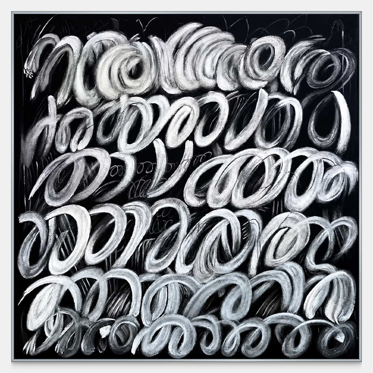 Square abstract painting with rows of thick white looping strokes on black.
