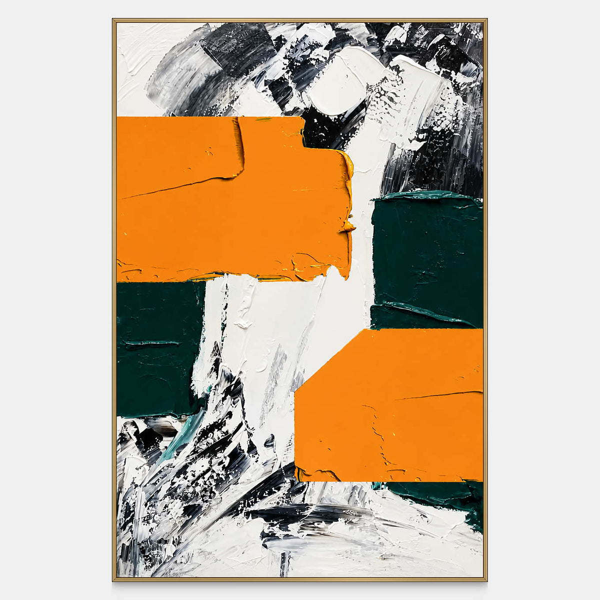 Vertical abstract painting with orange and green blocks over lively black and white brushwork.